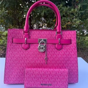 Michael Kors Purse and Wallet Hamilton Medium Satchel Dragon Fruit with Wallet